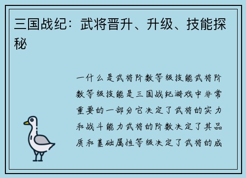三国战纪：武将晋升、升级、技能探秘