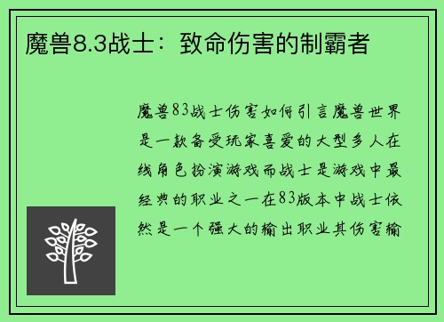 魔兽8.3战士：致命伤害的制霸者