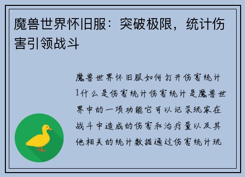 魔兽世界怀旧服：突破极限，统计伤害引领战斗