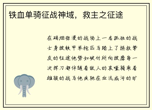 铁血单骑征战神域，救主之征途