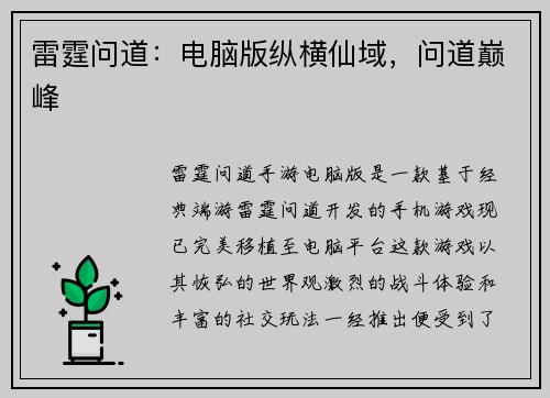 雷霆问道：电脑版纵横仙域，问道巅峰