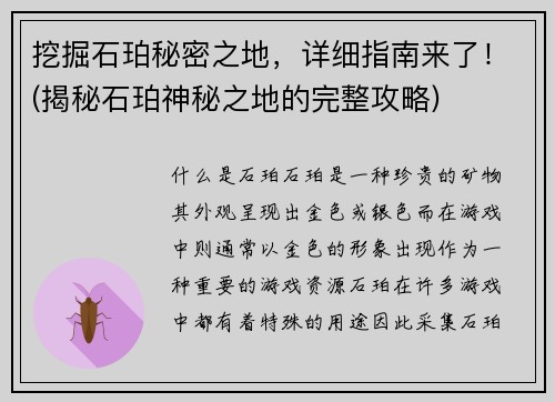 挖掘石珀秘密之地，详细指南来了！(揭秘石珀神秘之地的完整攻略)